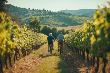 Senior couple enjoying a scenic bike ride through a picturesque vineyard during sunset.