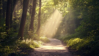 Fototapeta premium Sunbeams illuminate a peaceful forest path, inviting exploration and tranquility.