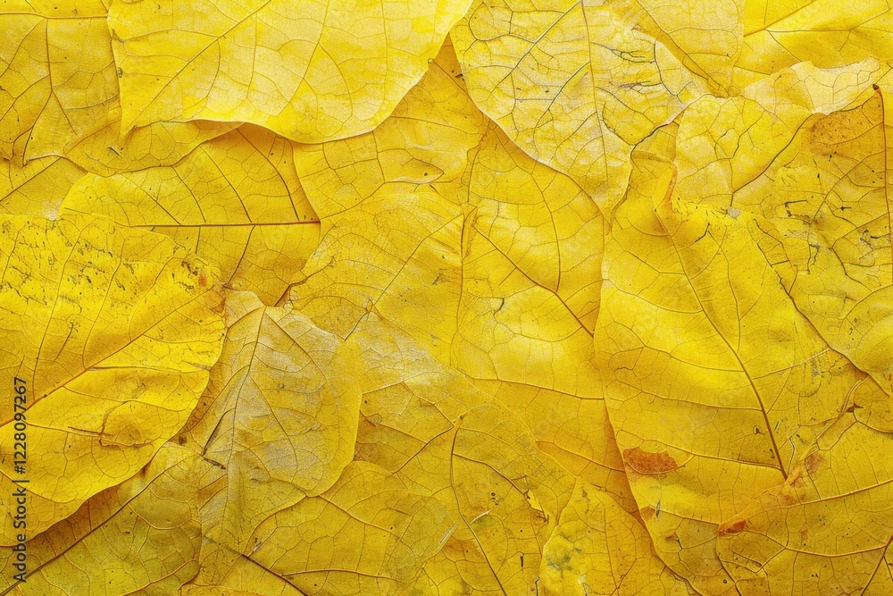 Poster close up of overlapping yellow autumn leaves creating a textured and colorful natural backdrop