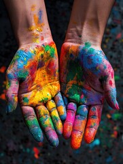 Hands covered in vibrant, colorful paint celebrating art and creativity.