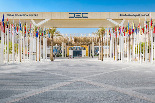 Dubai, UAE &ndash; october 23, 2024: Dubai Exhibition Centre, flags of different countries