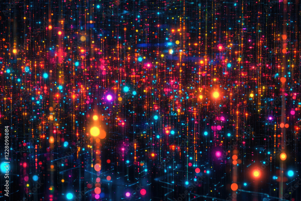 Poster vibrant, multicolored particles cascade down, creating a mesmerizing digital rain effect.