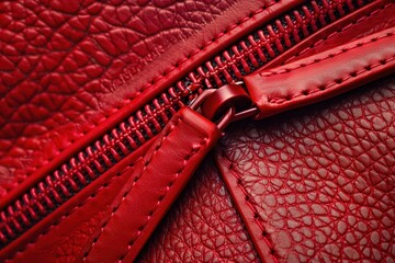 Close up of red leather zipper closure, highlighting stitching detail and textured surface