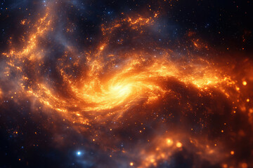 Fiery spiral galaxy in deep space, swirling cosmic dust and stars.