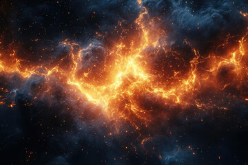 Fototapeta premium Fiery cosmic nebula with vibrant orange and blue hues, depicting a celestial energy surge.