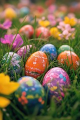 A collection of vibrant painted eggs, commonly associated with the Easter holiday.
