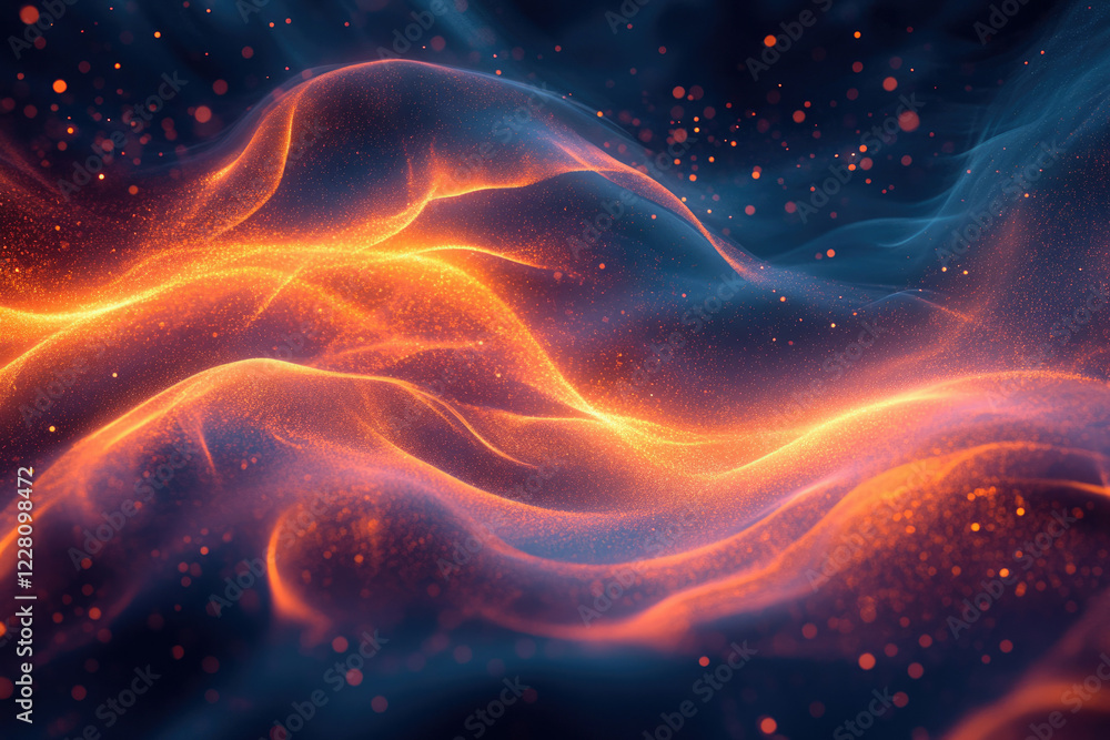 Poster abstract fiery waves of glowing particles, a mesmerizing cosmic scene.