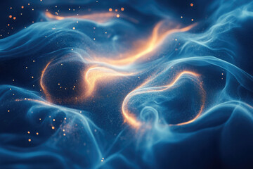 Fototapeta premium Abstract blue and orange wave with glowing particles, digital art, cosmic texture.