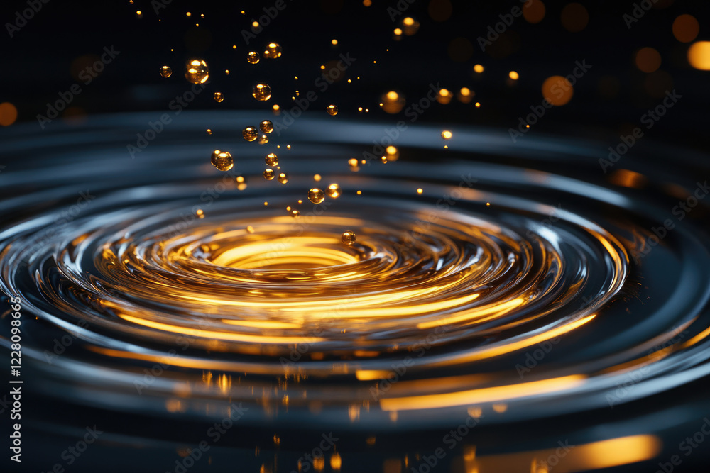 Aufkleber Golden liquid droplets creating mesmerizing ripples and concentric circles on a dark surface.