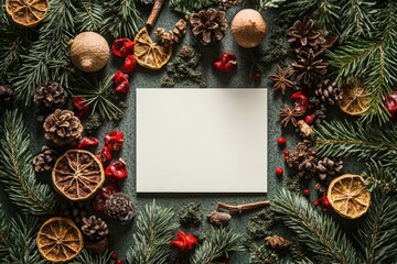 Seasonal greeting card with pine cones, berries, and other Christmas decorations