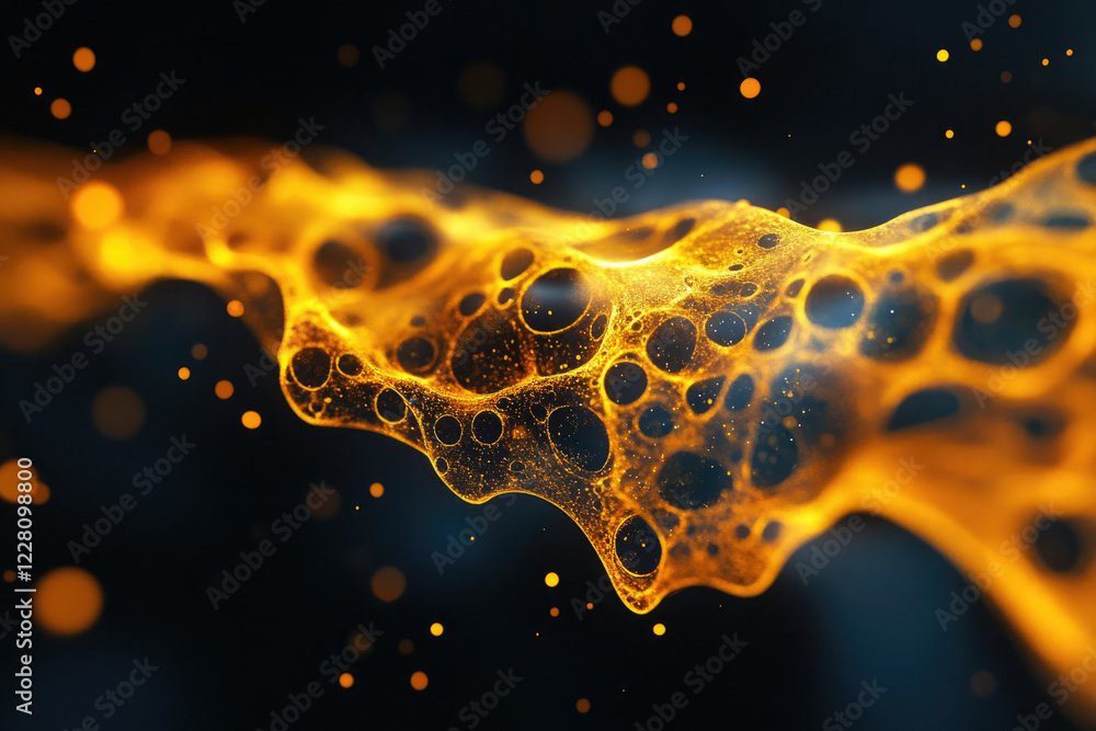 Poster abstract golden fluid flowing, creating a mesmerizing, intricate, and bubbly pattern against a dark 
