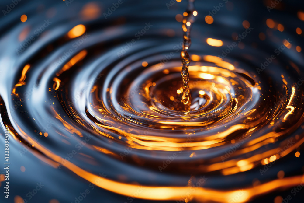 Poster liquid gold cascade creating mesmerizing concentric ripples, illuminated with warm light.