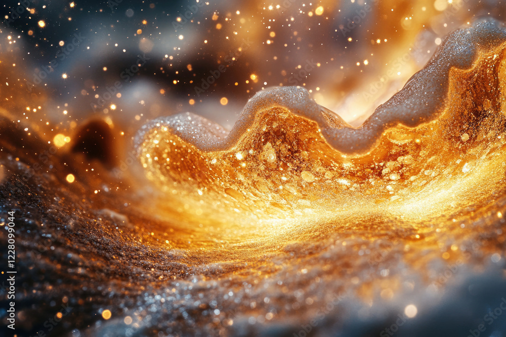 Poster golden wave of glitter and light, sparkling with magical energy and cosmic dust.