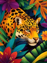 Vibrant illustration of a leopard amidst lush tropical foliage with colorful flower in a jungle setting