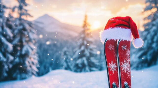 Closeup view of skis with Santa hat in skiing season