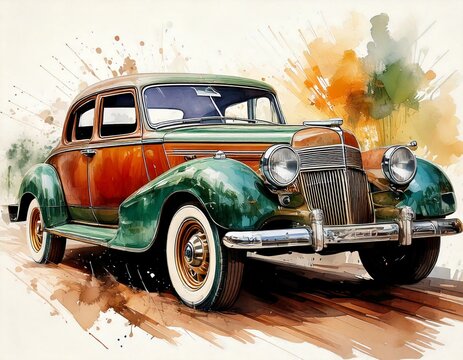 Antique car green brown oldtimer old auto classic automobile isolated vintage retro transportation transport watercolor art