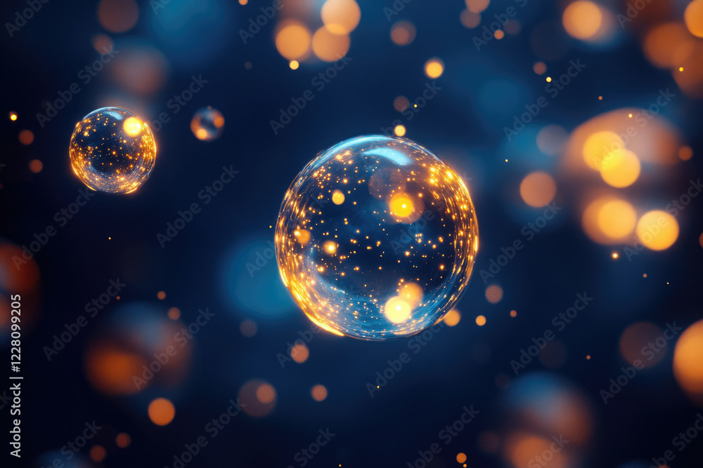 Aufkleber glowing orbs float in a dark blue space, filled with golden particles and bokeh effects.