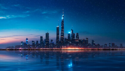Futuristic city with a stunning skyline reflected in the sea water under a starry twilight sky
