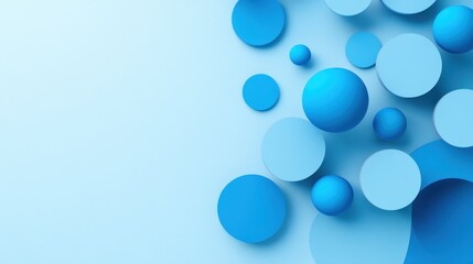Abstract blue spheres and circles on light blue background.