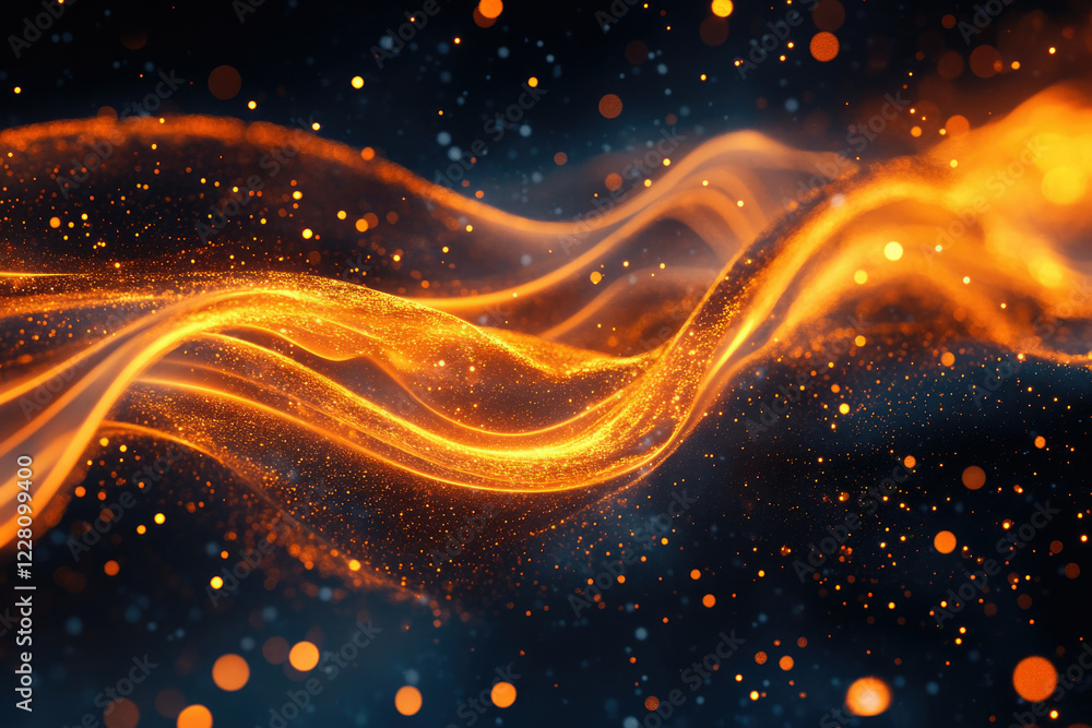 Poster abstract golden wave with sparkling particles, flowing in dark space. digital art, cosmic energy.