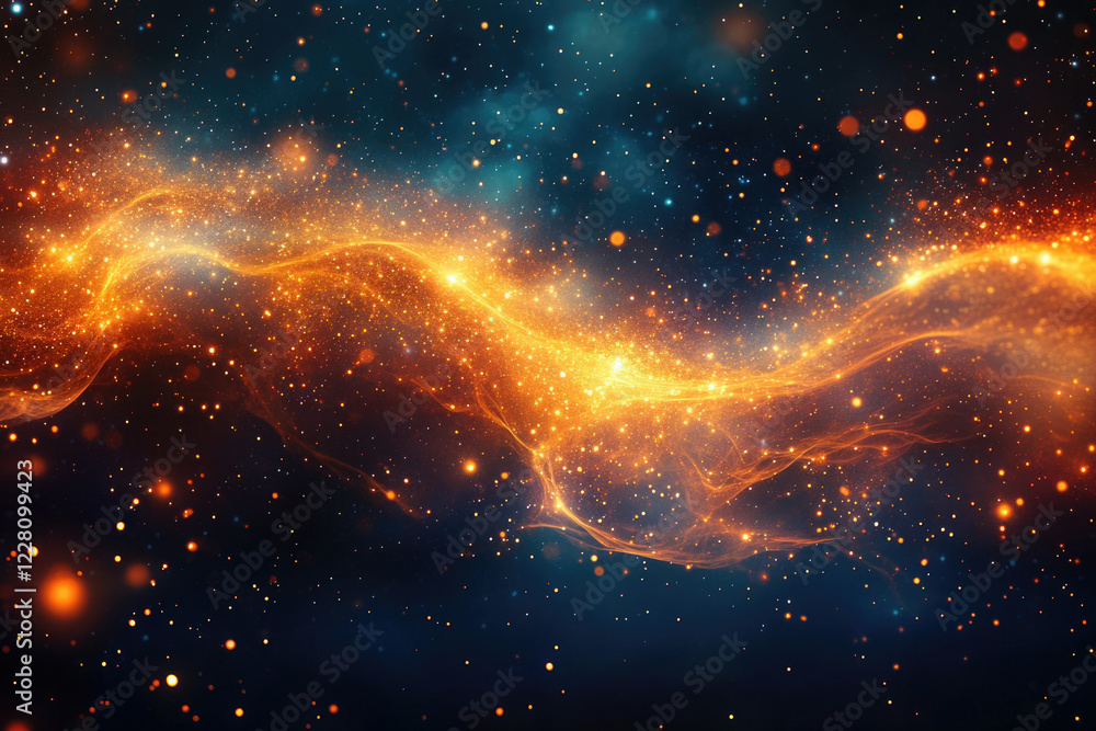 Poster a cosmic wave of shimmering orange and gold particles flows through a dark blue space, filled with s