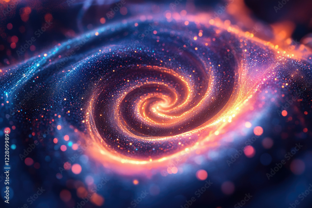 Poster a mesmerizing swirl of glittering particles, glowing with vibrant orange and blue hues, creating a c