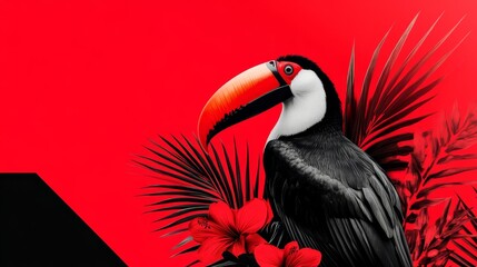 Colorful toucan perched among vibrant tropical foliage against a striking red background