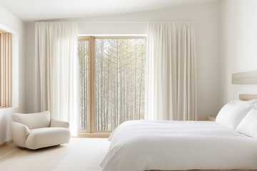 A spacious bedroom features a large window with natural light streaming in, soft white bedding, and a cozy armchair, creating a peaceful getaway in a tranquil setting.