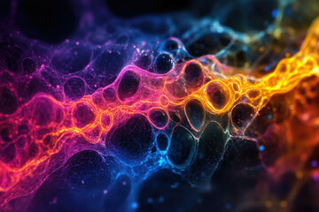 Naklejka premium Abstract vibrant cosmic nebula with interconnected glowing nodes and energy streams.