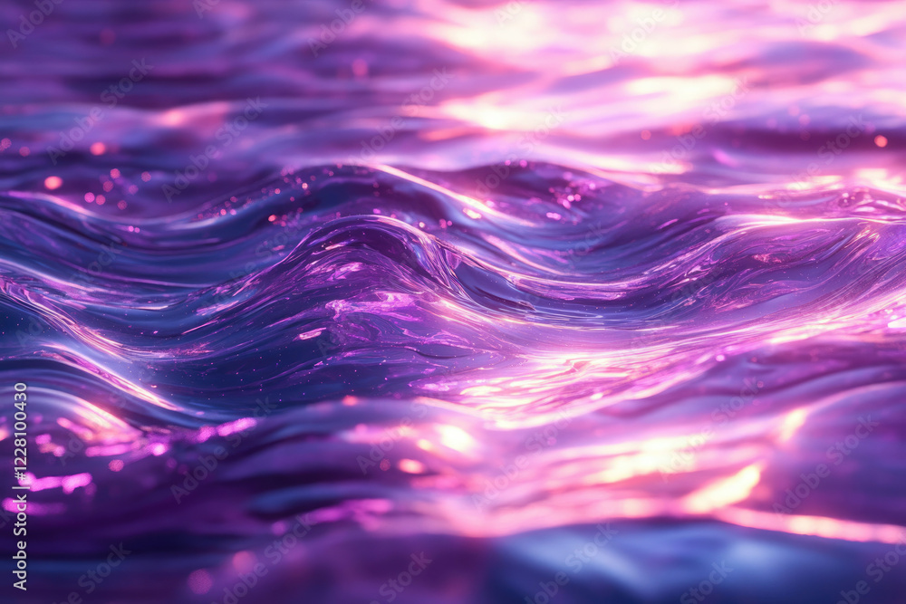 Poster abstract image of purple and pink liquid waves shimmering with light.