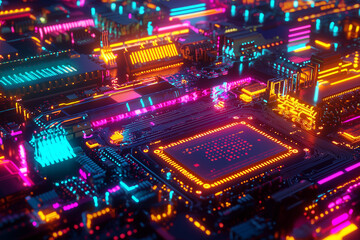 Obraz premium Vibrant digital circuitry with neon lights illuminating intricate designs.