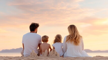 Family enjoys a beautiful sunset at the beach while building sandcastles and creating lasting memories together in a serene coastal landscape