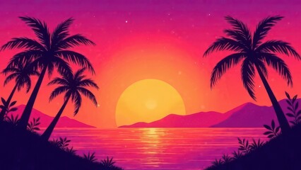 Summer vacation in paradise on beach with golden sand and gentle waves near the sea or ocean reflecting the warm hues of a setting sun. Palm trees, sunset, travel, tourism	