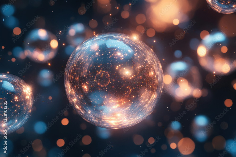 Poster Glowing orbs filled with sparkling particles float in a dark space, creating a mesmerizing cosmic scene.
