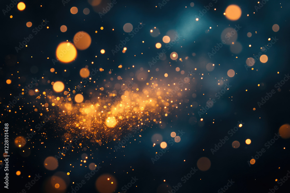 Poster abstract image of glittering golden particles on dark blue background, creating a magical, festive a