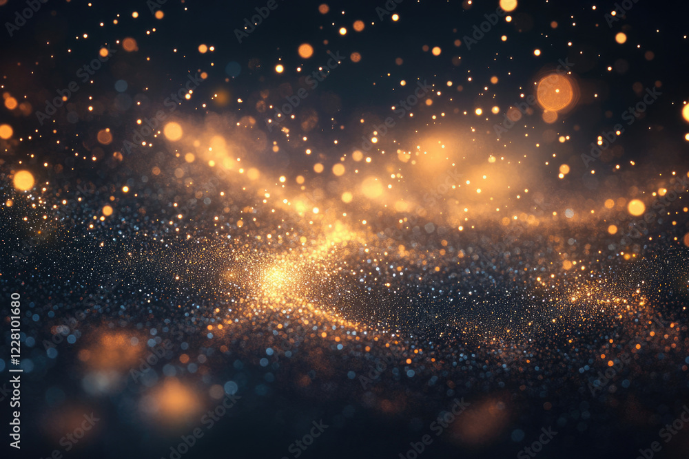 Poster abstract glittering background with golden and dark blue bokeh lights, creating a luxurious and magi