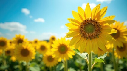 Obraz premium landscape field of sunflower agriculture blue sky background with white cloud, summer nature, farming, autumn harvesting, Ukraine 