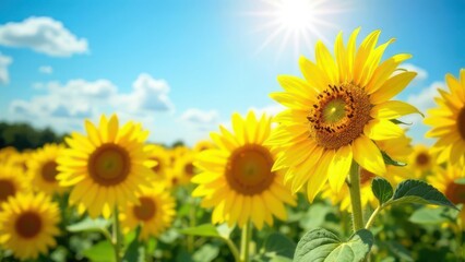 Obraz premium landscape field of sunflower agriculture blue sky background with white cloud, summer nature, farming, autumn harvesting, Ukraine 