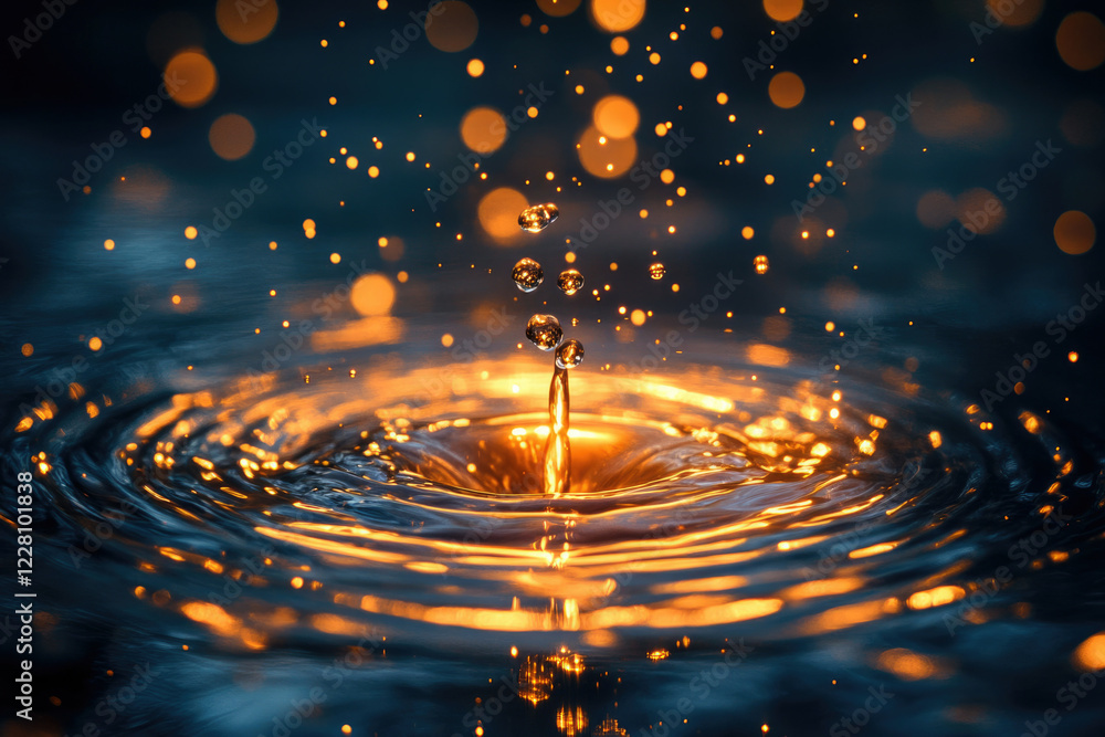 Aufkleber golden water droplet impacting a dark surface, creating mesmerizing concentric ripples and sparkling