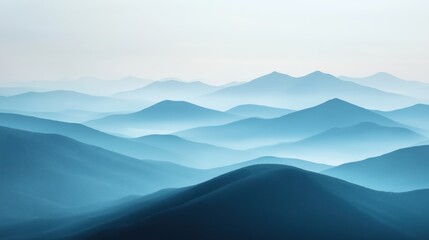 Serene misty mountain layers with soft blue gradients in tranquil light