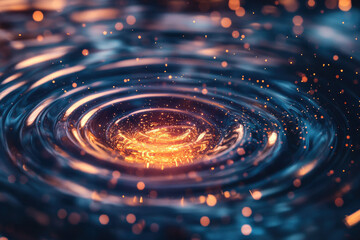 Glowing concentric ripples on dark water surface, sparkling with golden lights.