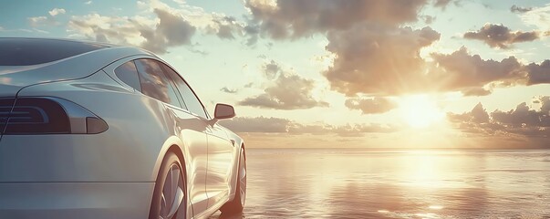Sleek electric car parked by the ocean at sunset with dramatic clouds.