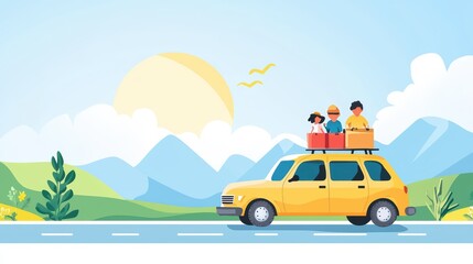 Joyful Family Road Trip Adventure in a Colorful Landscape Scene