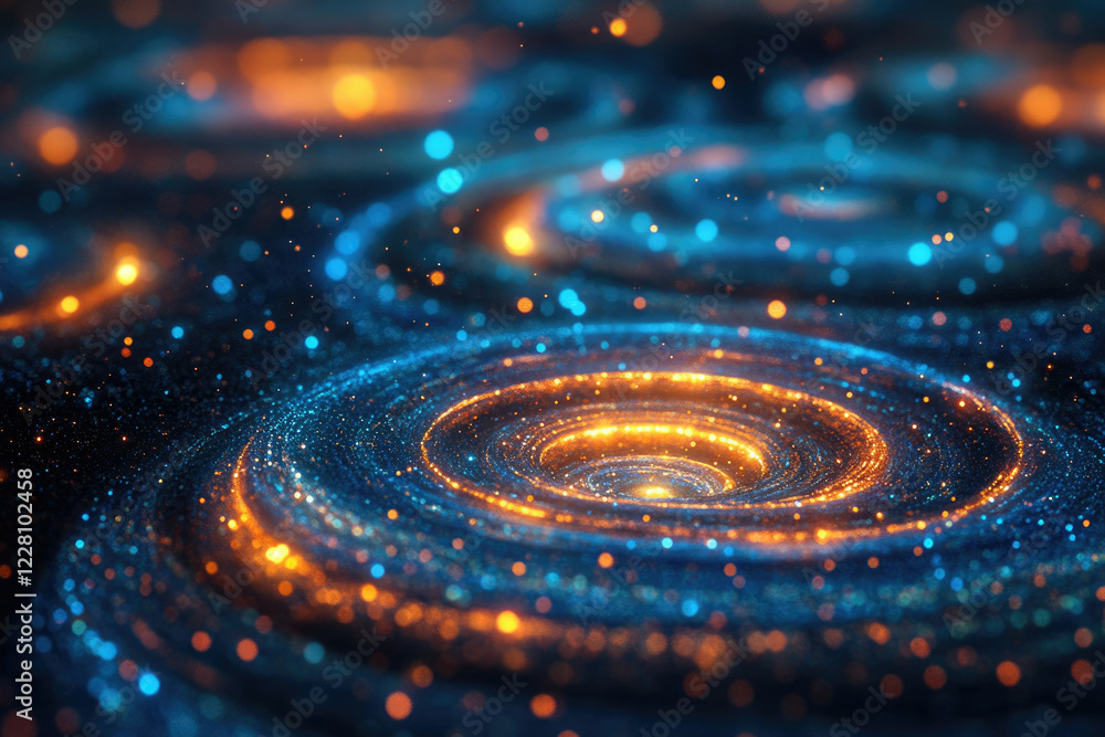 Poster abstract swirling galaxy with blue and orange glowing particles, creating a mesmerizing cosmic effec
