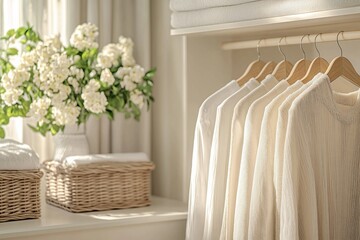 Elegant white clothing hung neatly in a bright room with fresh flowers and a cozy atmosphere