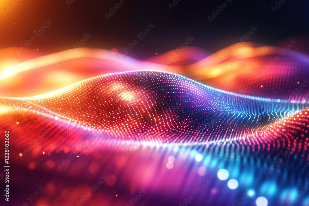 Poster abstract wave of vibrant, glowing particles, a mesmerizing digital landscape of light and color.