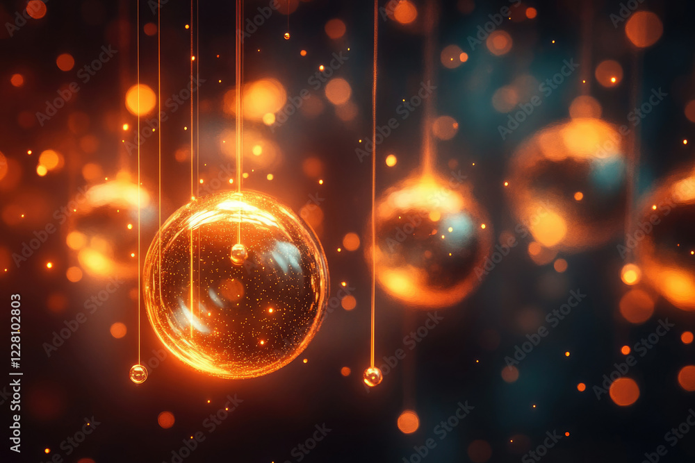 Aufkleber Glowing orange glass ornaments hang from thin strings against a dark background with bokeh lights.