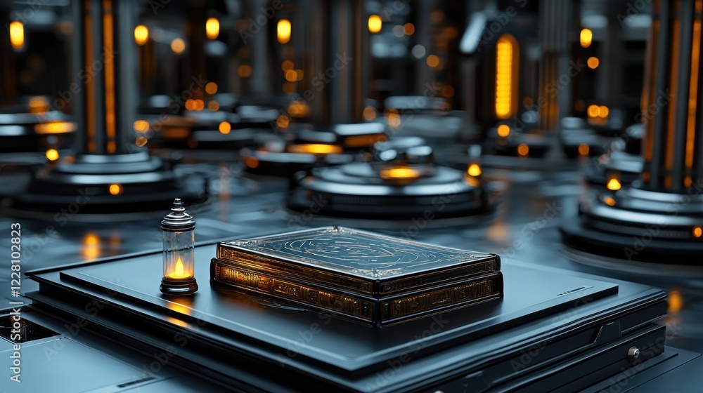 Poster a book is on top of a table with a candle next to it