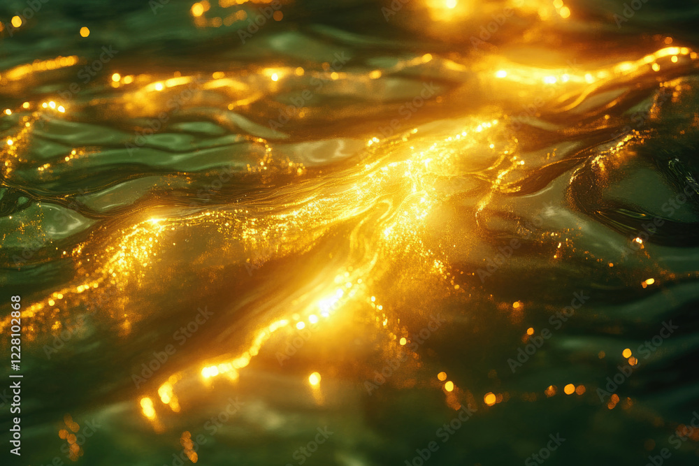 Poster golden liquid with shimmering particles flows in waves, creating a luxurious and magical effect.
