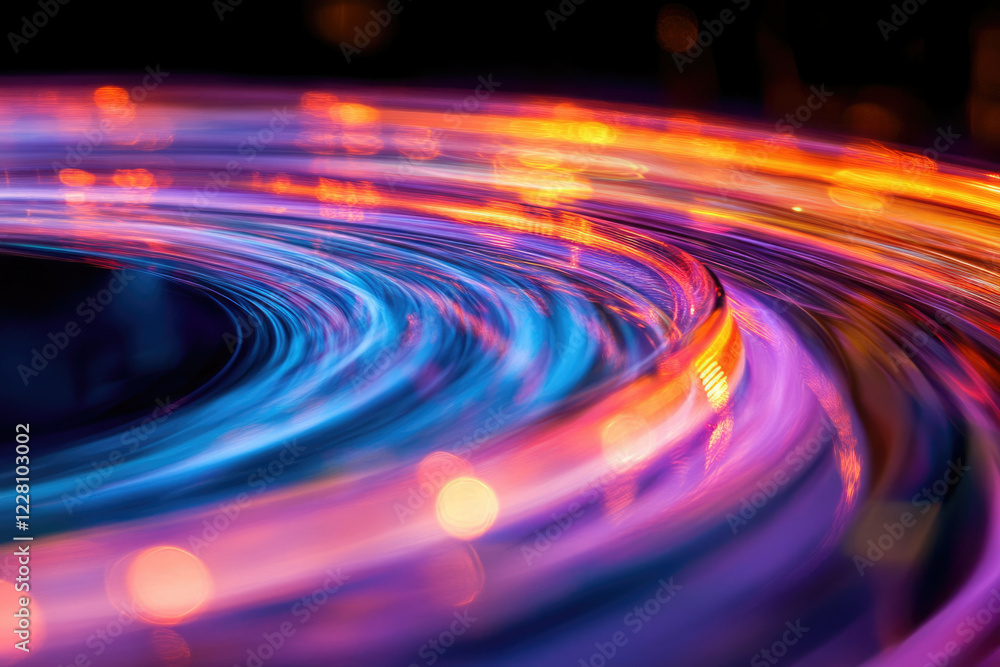 Poster abstract swirling light trails in vibrant blues, purples, and oranges, creating a dynamic and energe